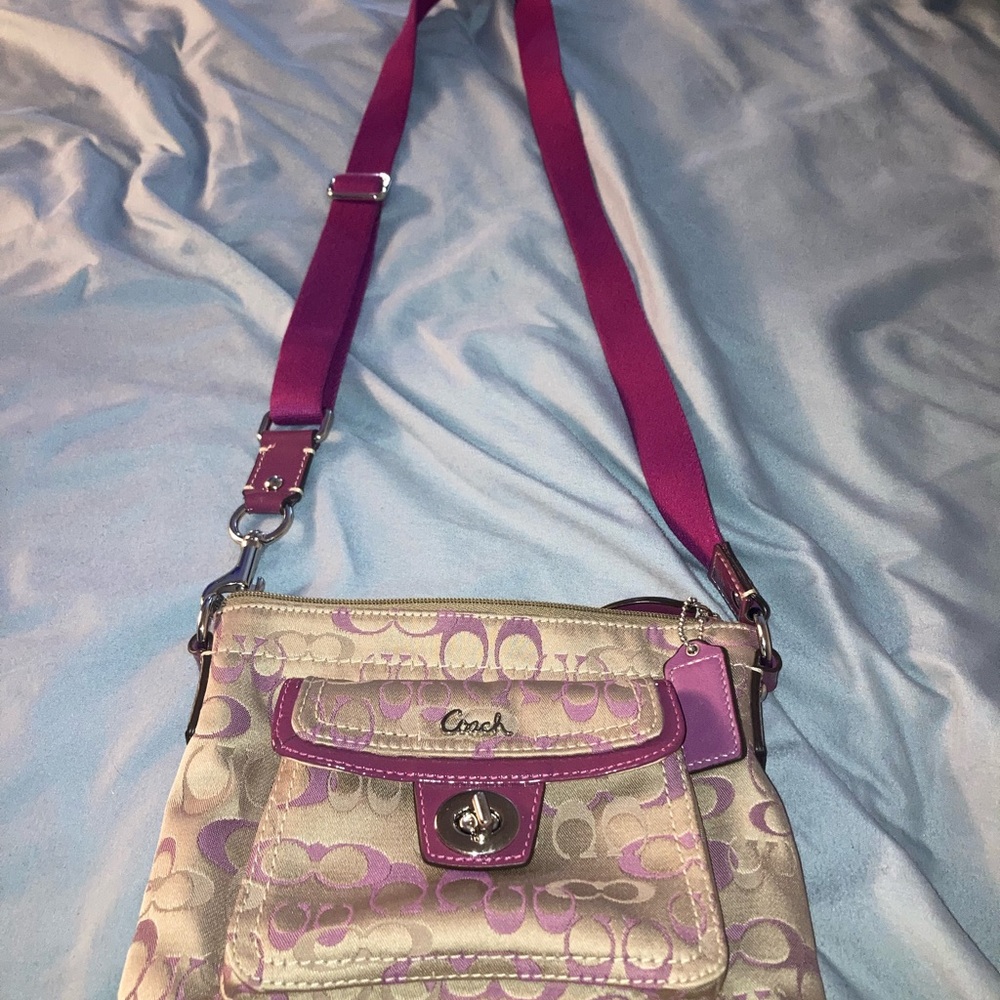 Coach Lavender Signature Crossbody with Magenta Strap